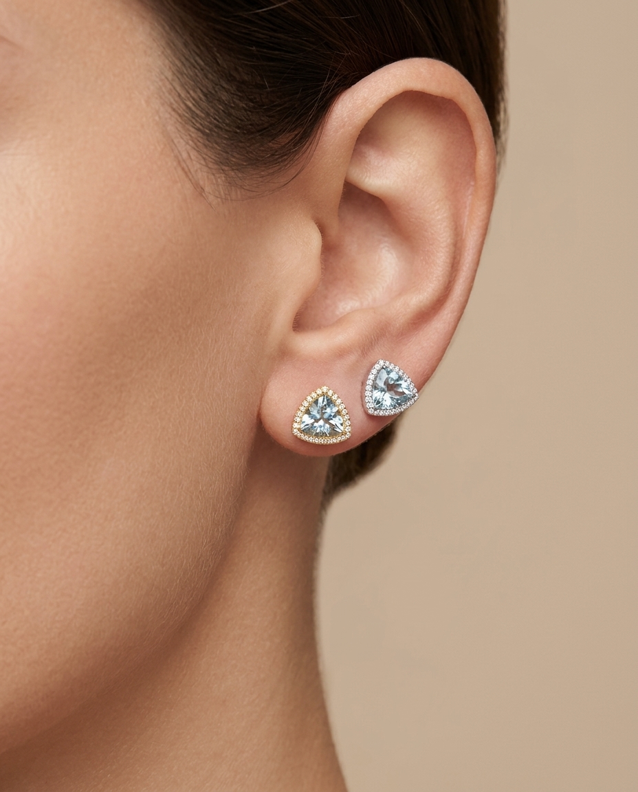 14KT Gold Aquamarine and Diamond Stud Earring on model