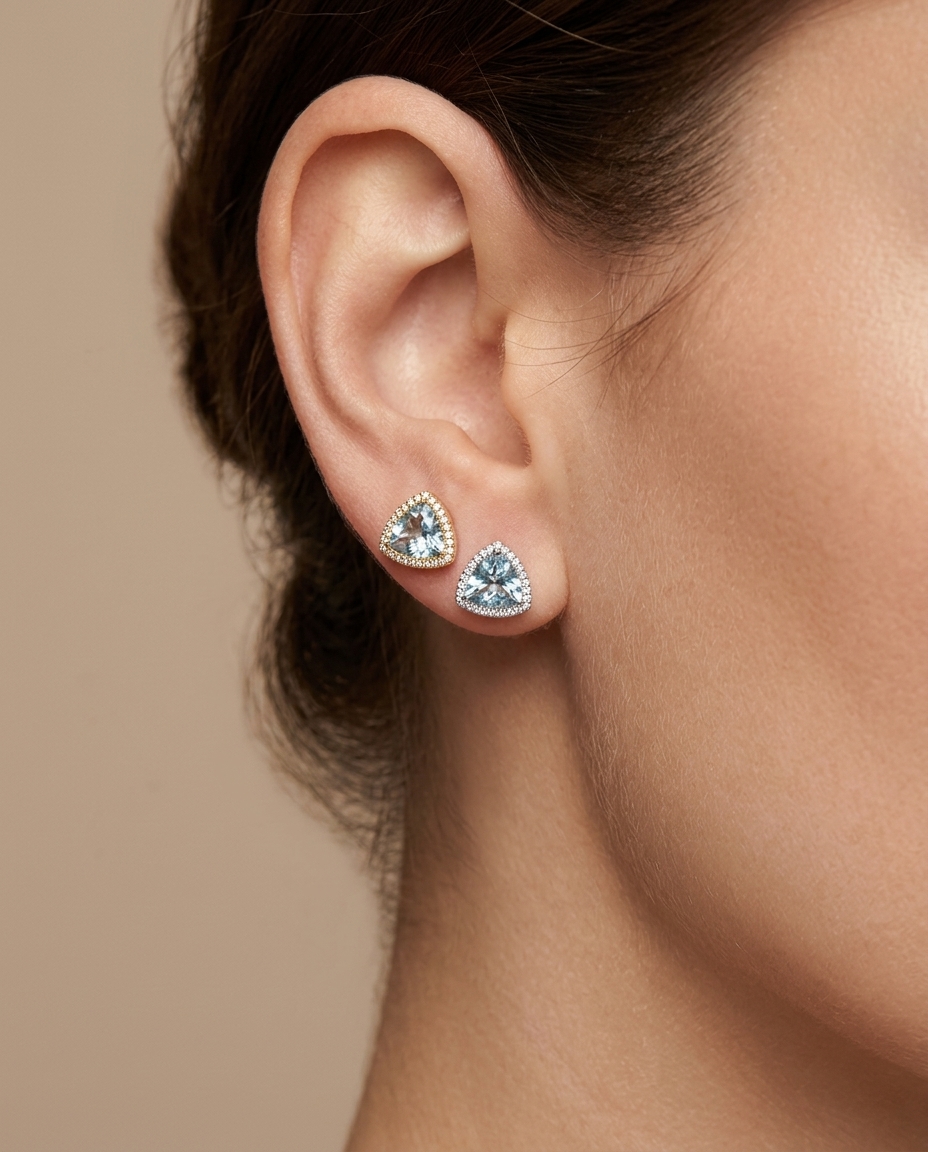 14KT Gold Aquamarine and Diamond Stud Earring on model