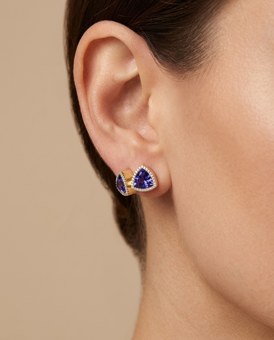 14KT Gold Tanzanite and Diamond Stud Earring on model