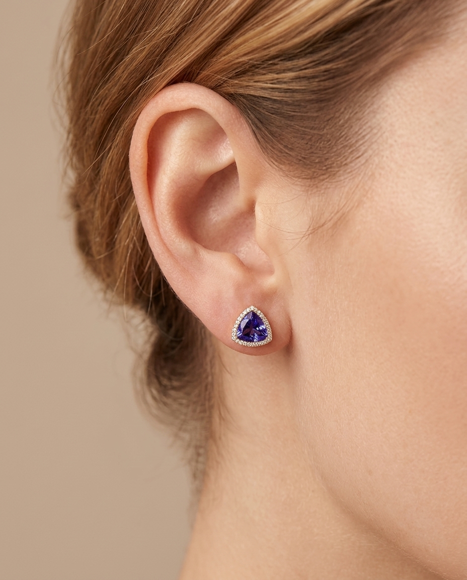 14KT Gold Tanzanite and Diamond Stud Earring on model