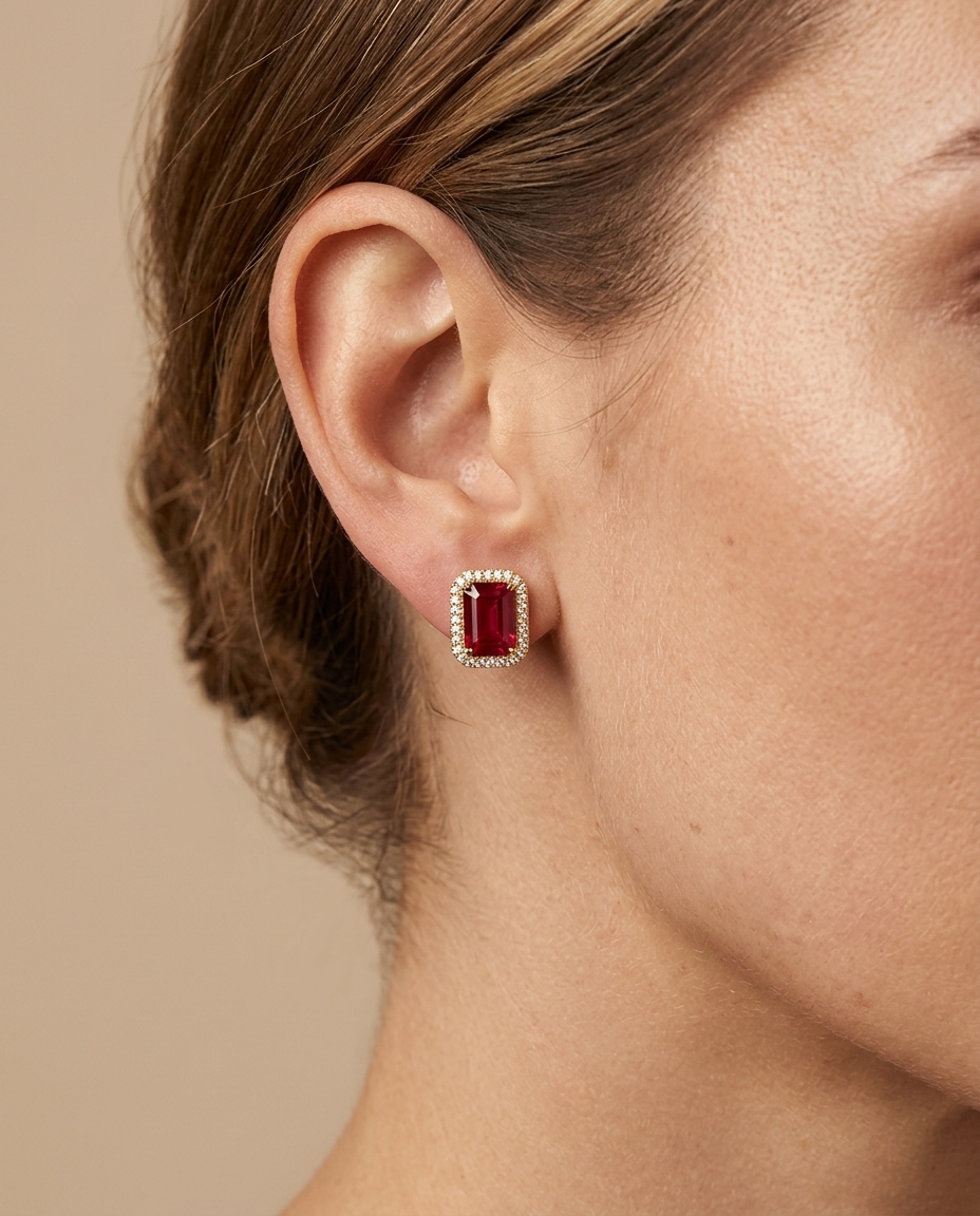 14KT Gold Emerald Cut Ruby and Diamond Stud Earring on model