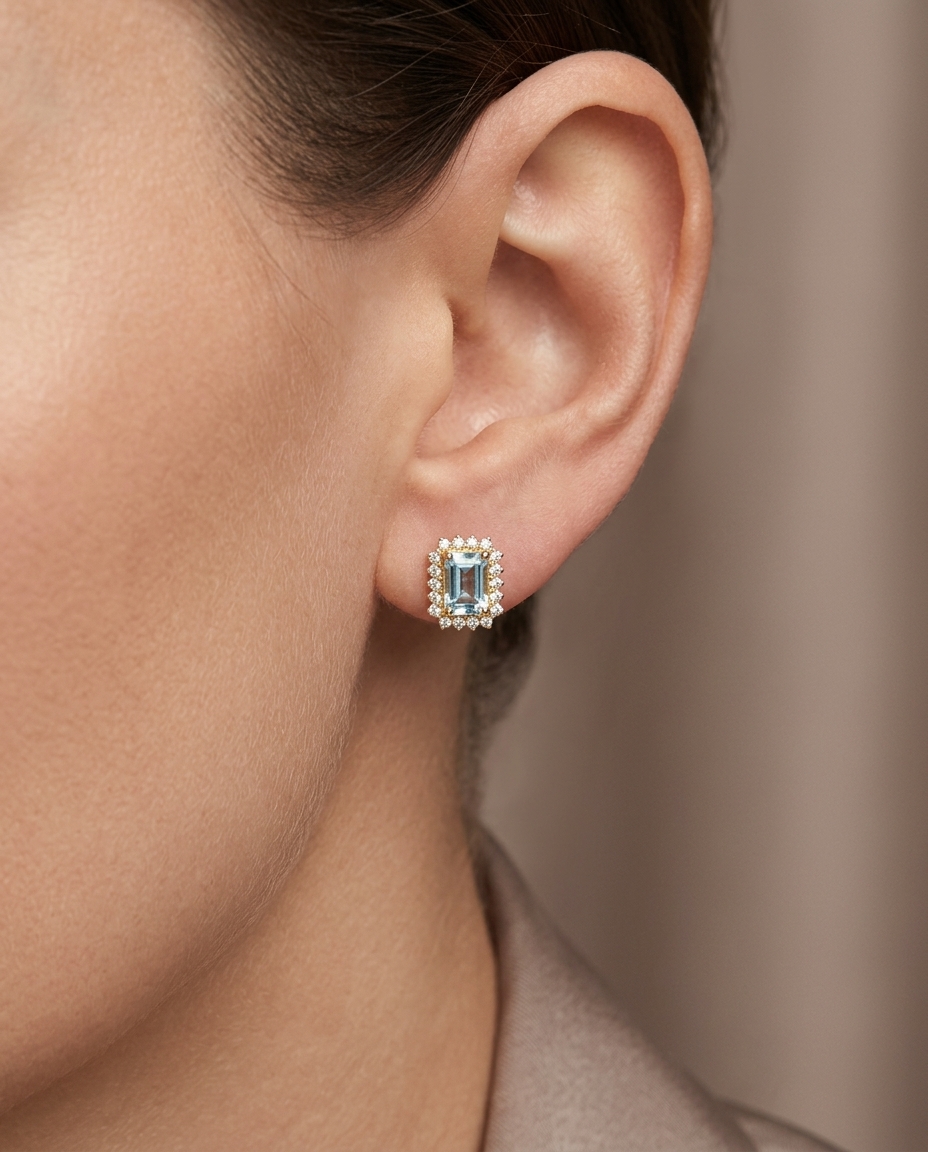 14KT Gold Aquamarine and Diamonds Stud Earring on model
