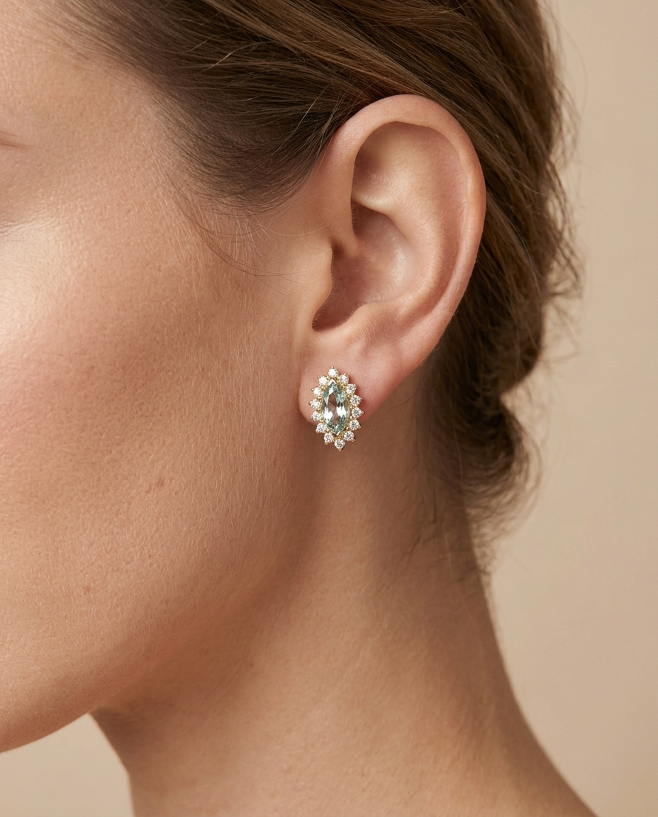 14KT Gold Aquamarine with Diamonds Earring on model