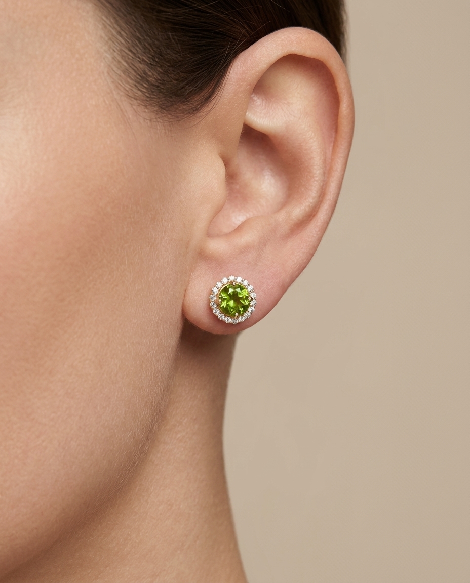 14KT Gold Green Tourmaline and Diamonds Earring on model