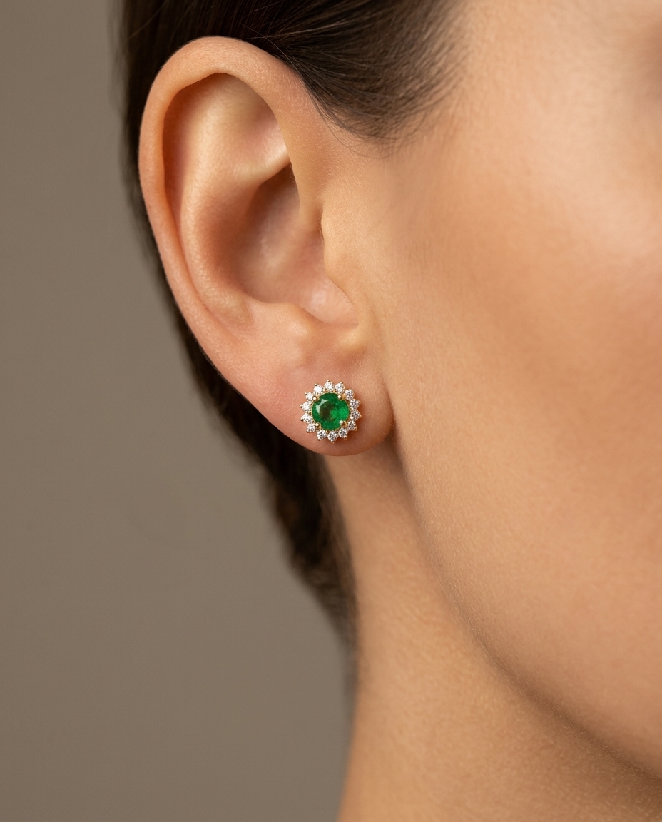 14KT Yellow Gold Tsavorite and Diamonds Earring on model