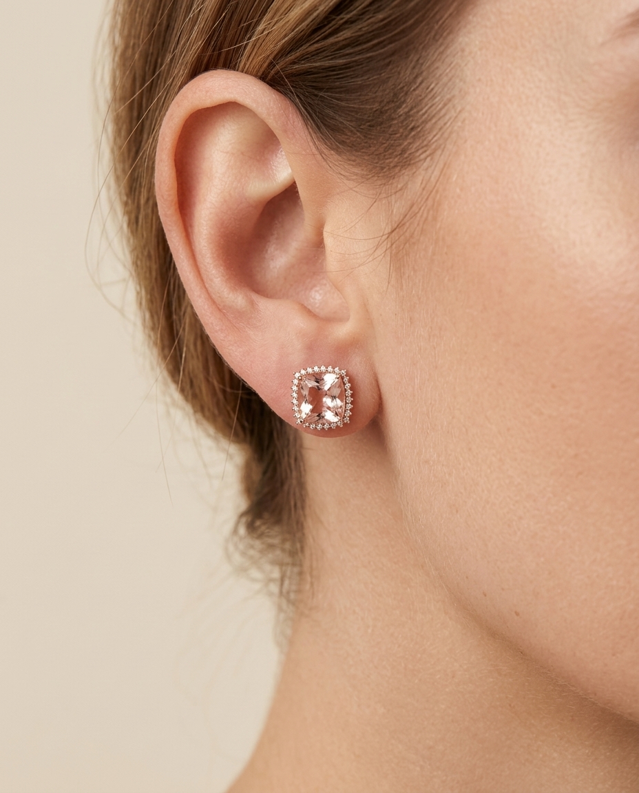 14KT Rose Gold Morganite and Diamonds Earring on model