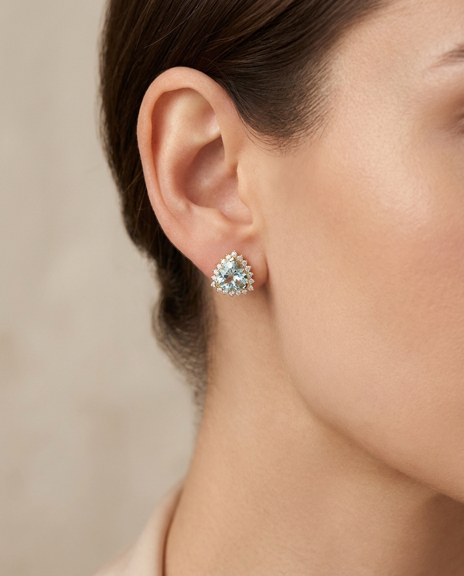 14KT Gold Aquamarine and Diamonds Stud Earring on model