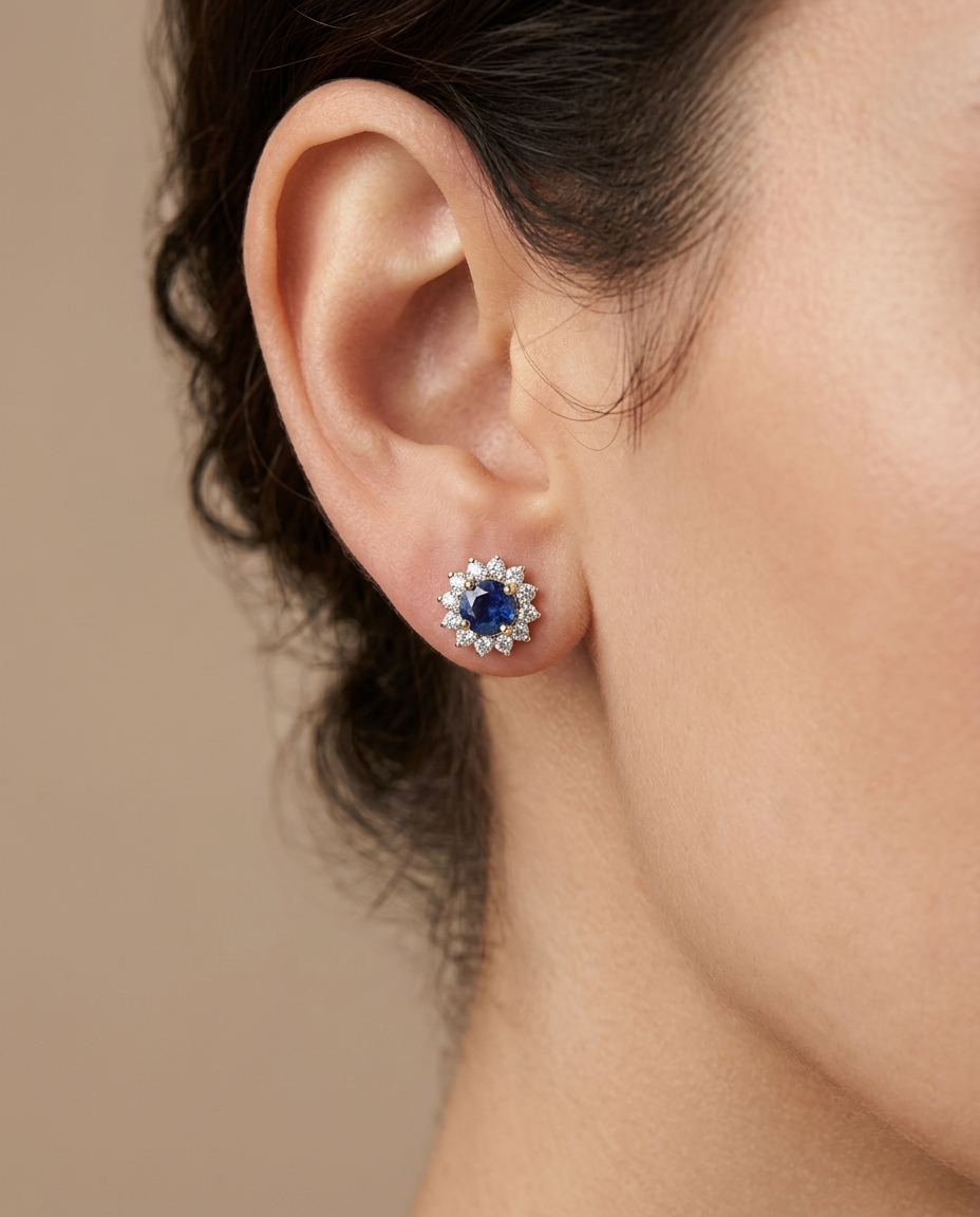 14KT Gold Blue Sapphire and Diamonds Earring on model