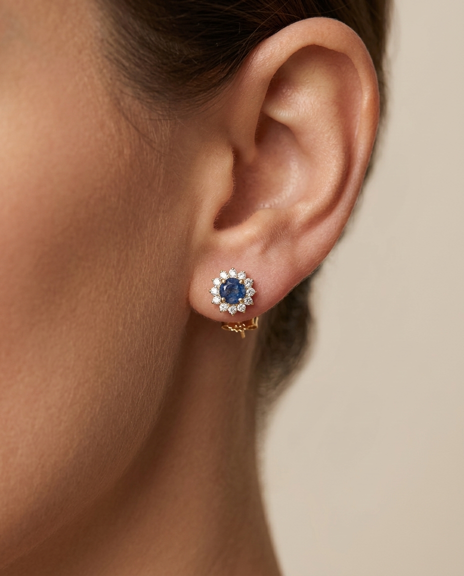 14KT Gold Blue Sapphire and Diamonds Earring on model