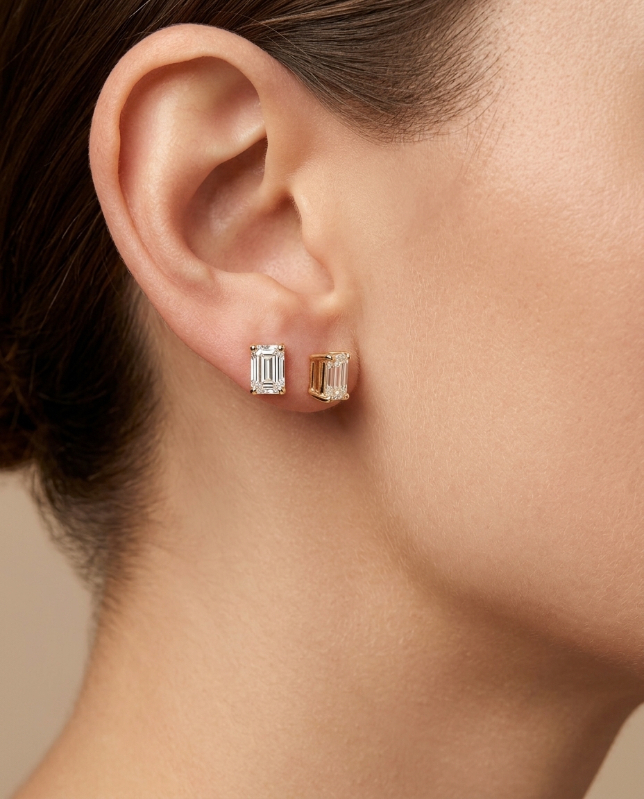 14KT Gold Emerald Cut Diamond Earring Studs on model