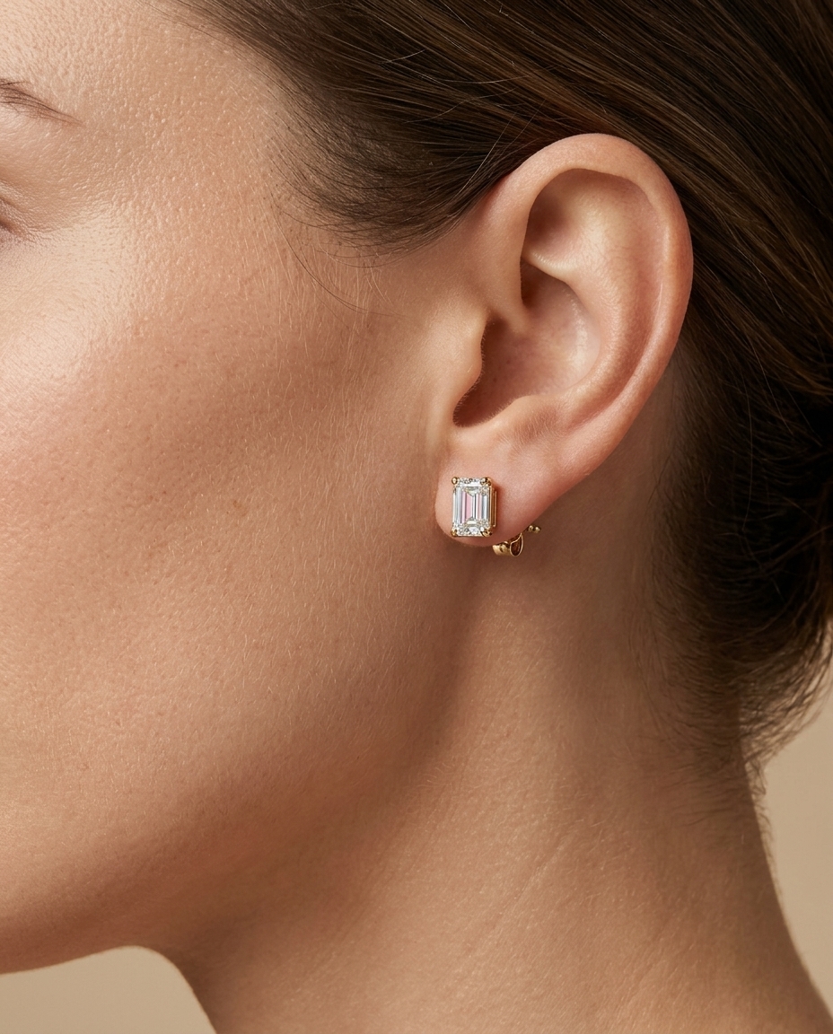 14KT Gold Emerald Cut Diamond Earring Studs on model