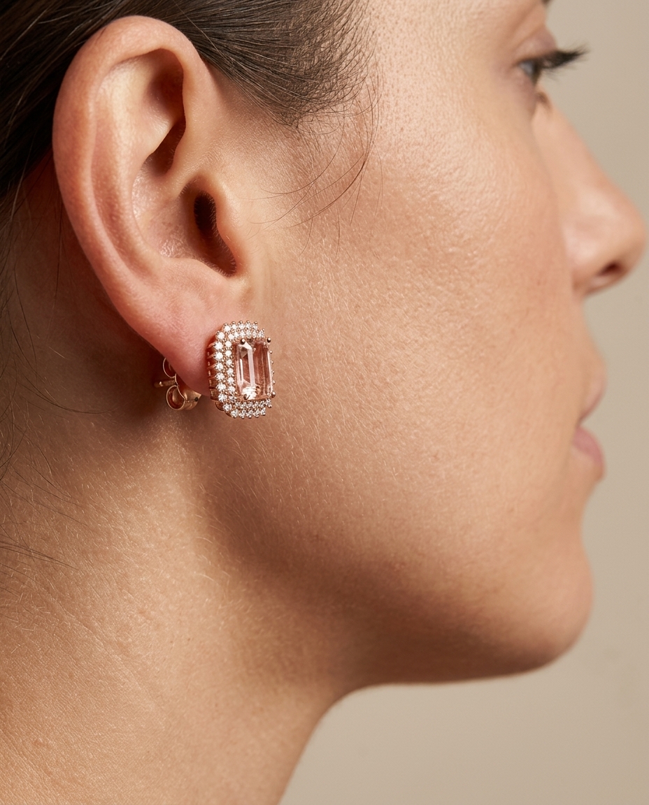14KT Rose Gold Morganite and Diamonds Earring on model