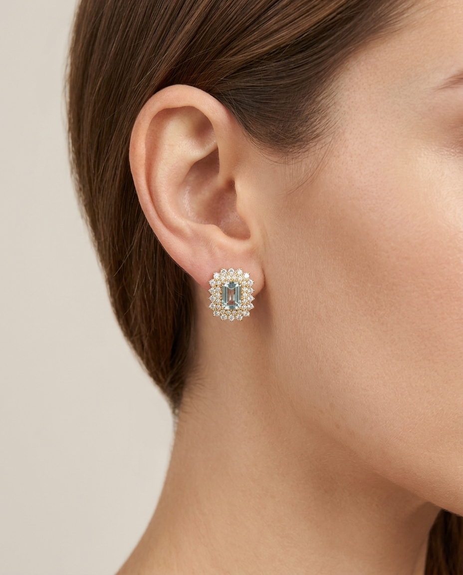 14KT Yellow Gold Aquamarine and Diamonds Stud Earring on model