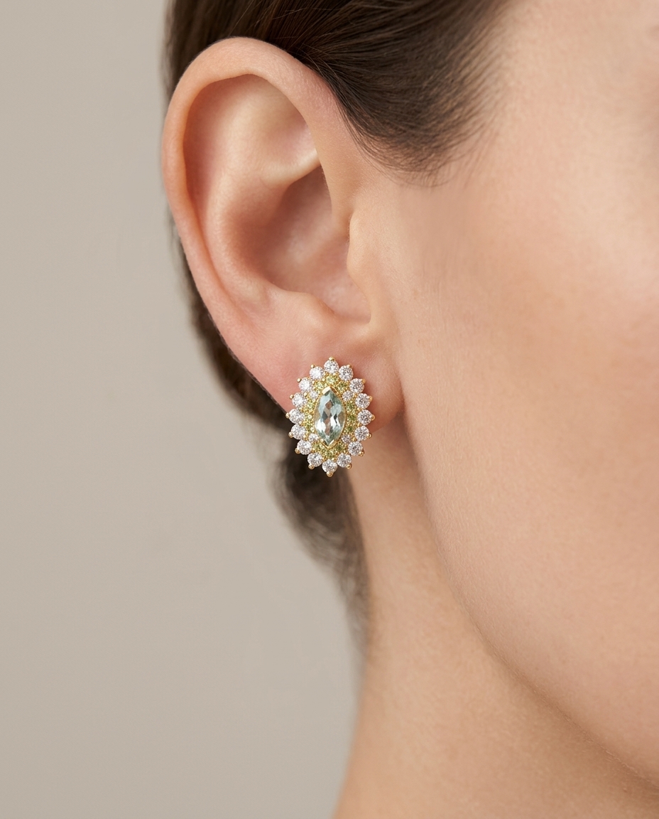 14KT Gold Aquamarine and Diamonds Stud Earring on model