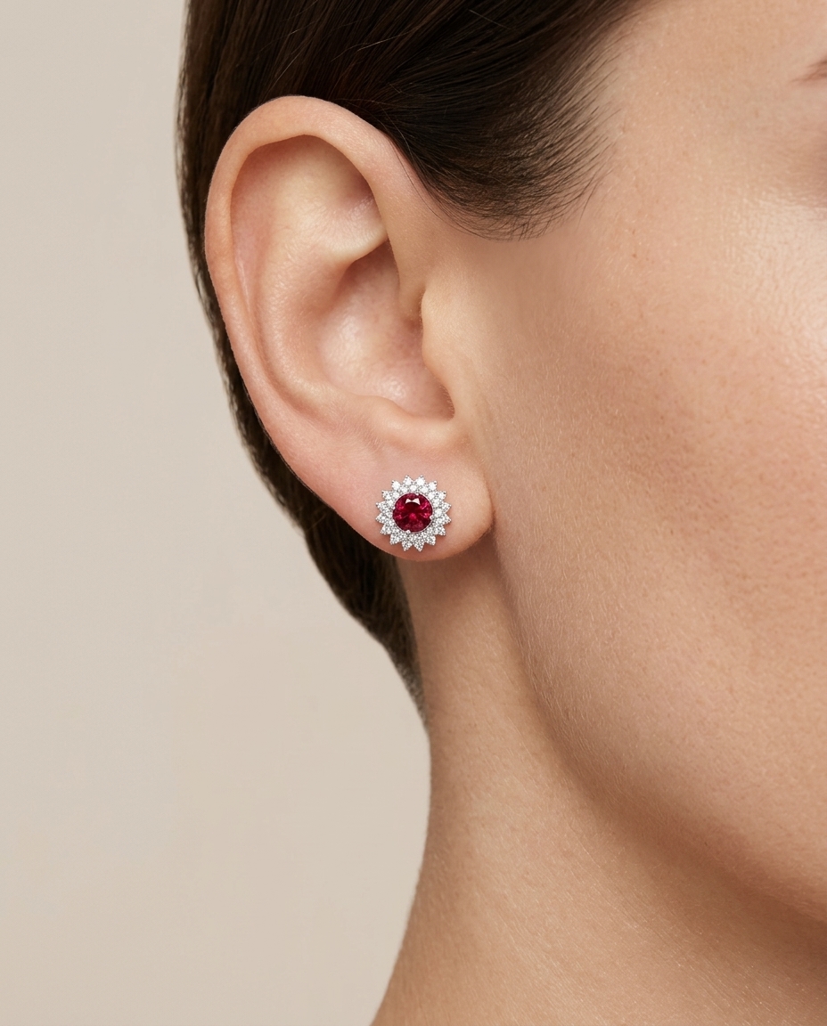 14KT White Gold Tourmaline and Diamonds Stud Earring on model
