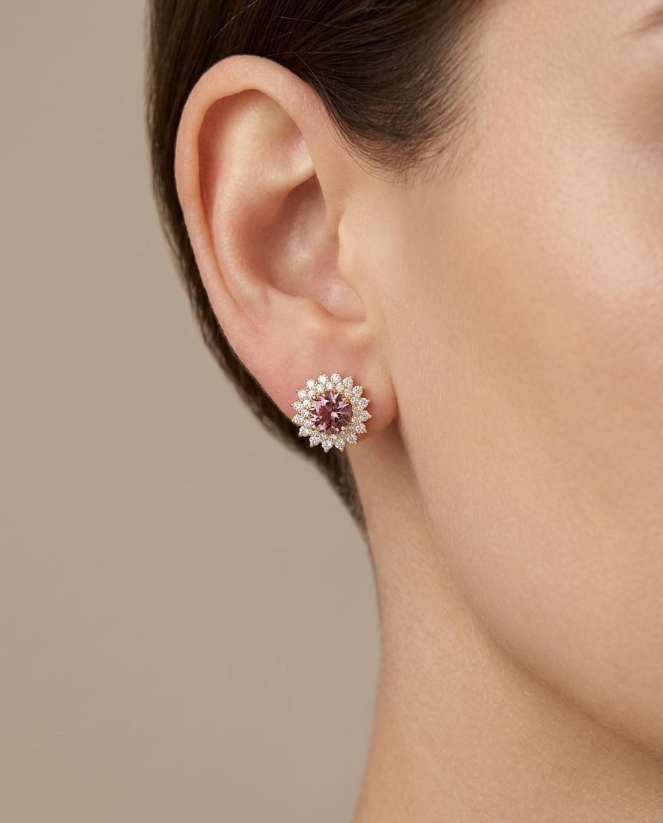 14KT Yellow Gold Pink Tourmaline and Diamonds Stud Earring on model