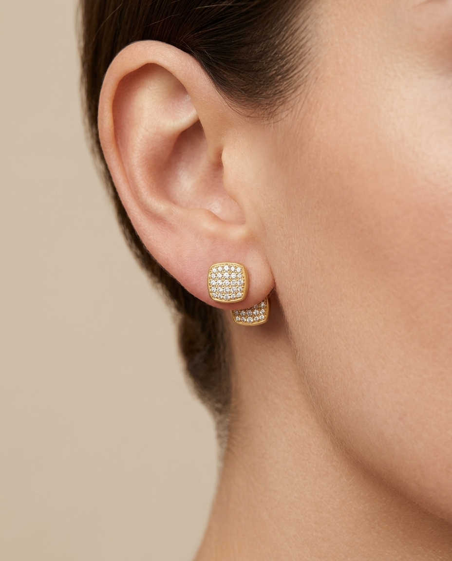 14KT Yellow Gold Diamond Square Earring Studs on model