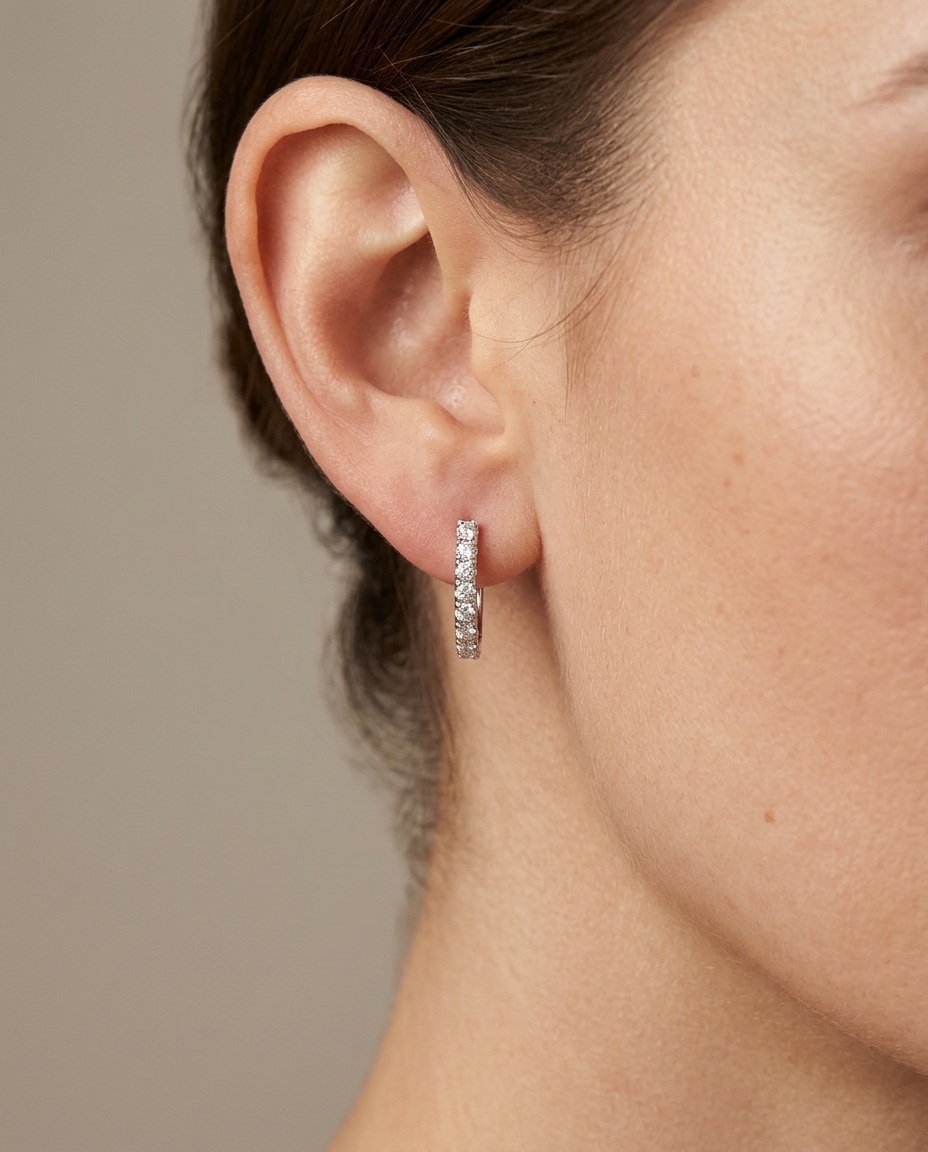 14KT White Gold Diamond Hoop Earring on model