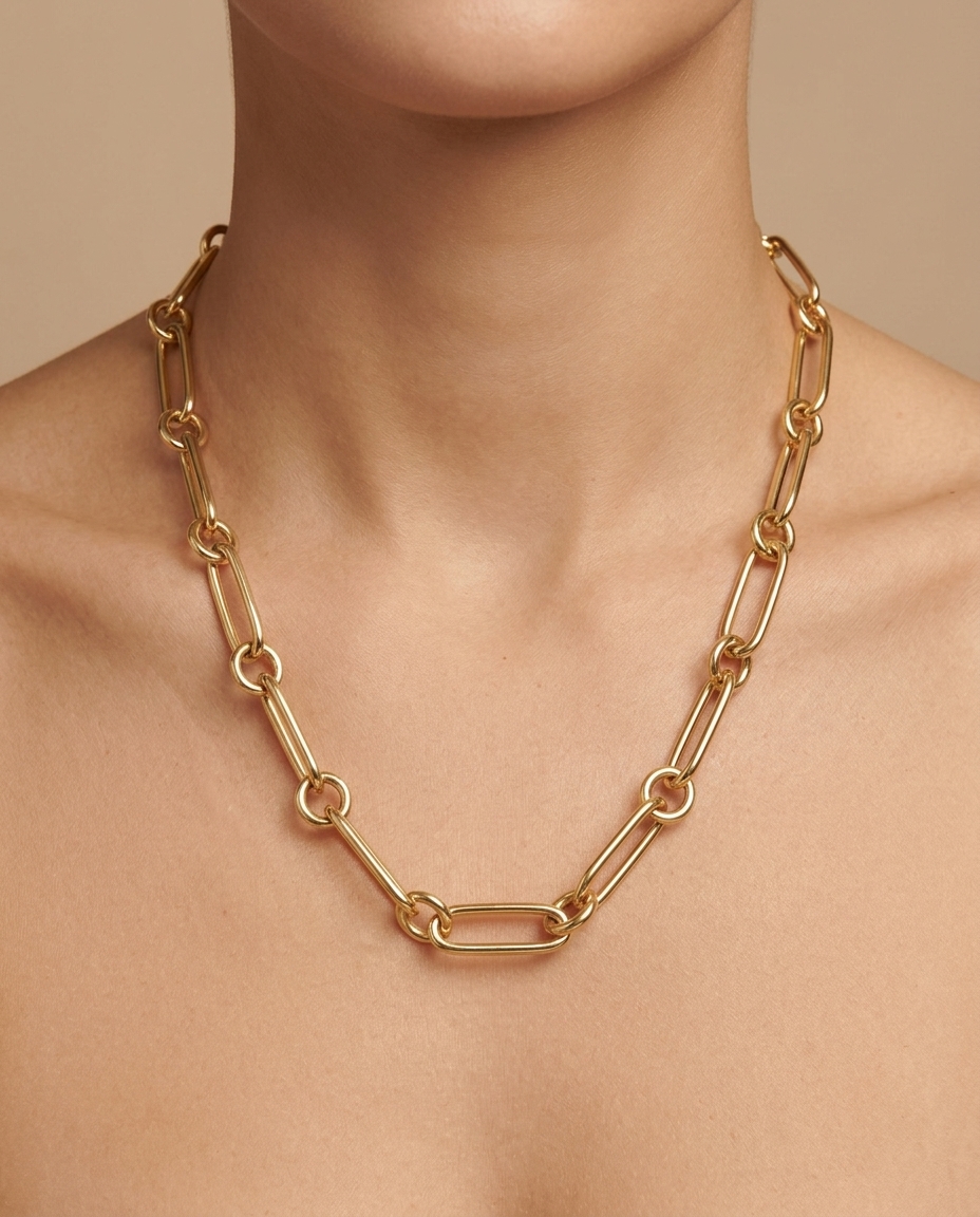 14KT Yellow Gold Paperclip Necklace on model
