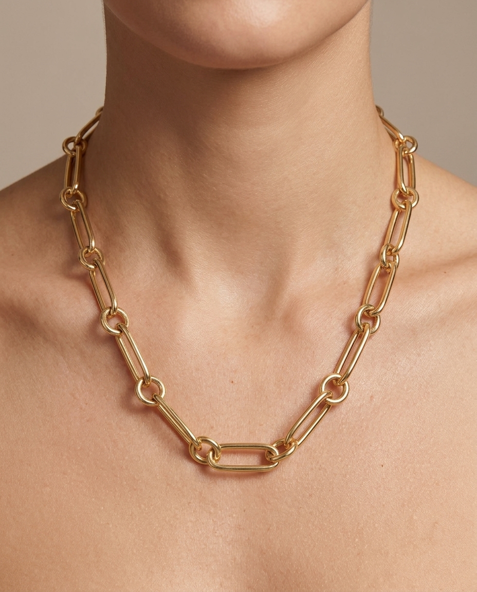 14KT Yellow Gold Paperclip Necklace on model