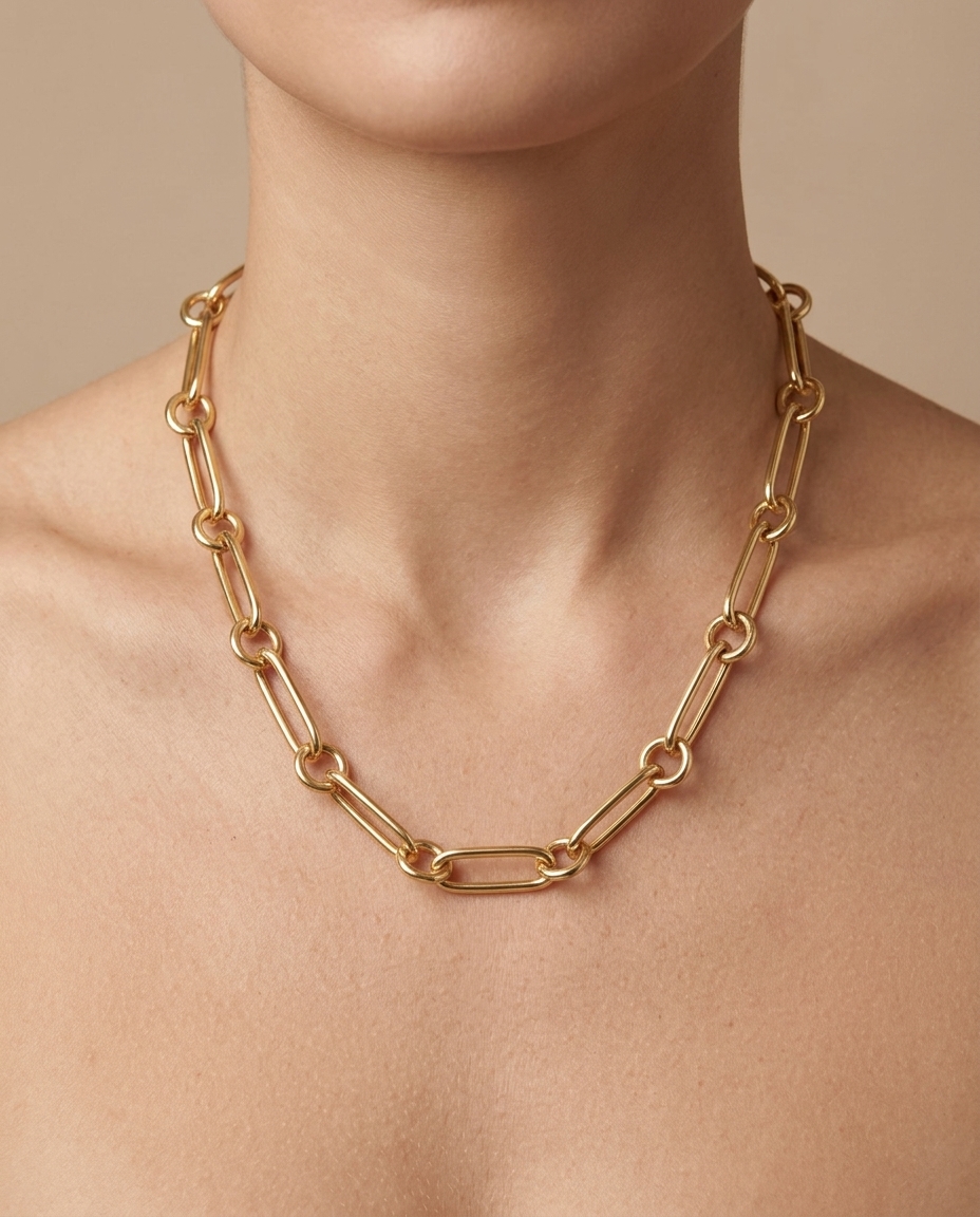 14KT Yellow Gold Paperclip Necklace on model