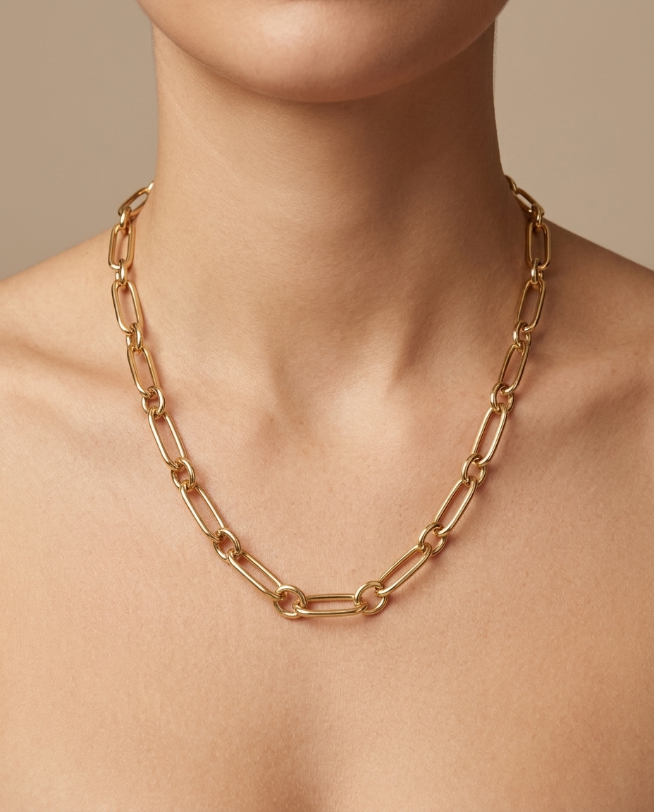 14KT Gold Paperclip Chain on model