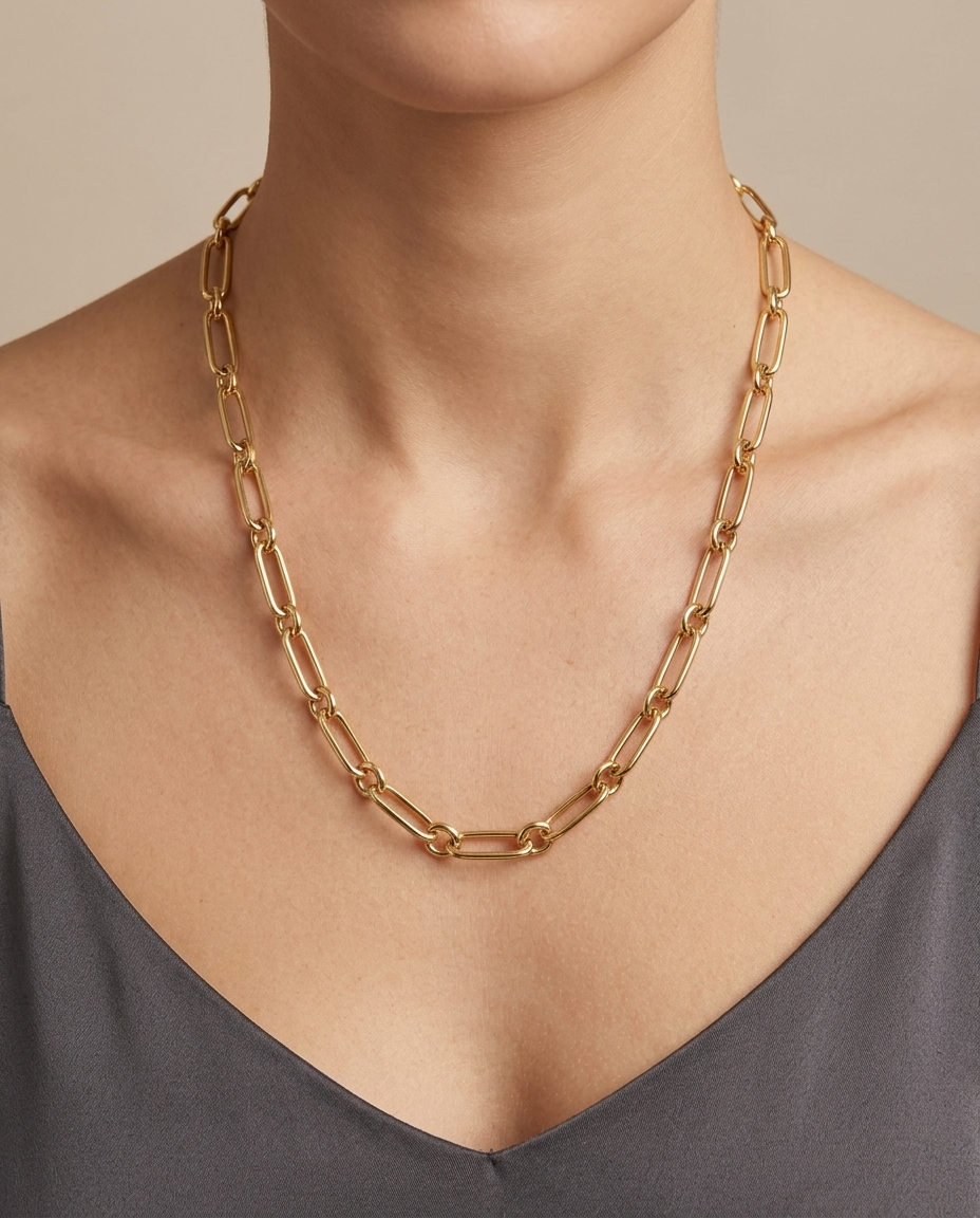 14KT Gold Paperclip Chain on model