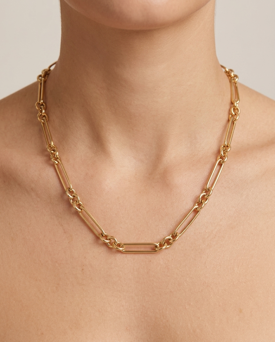 14KT Gold Paperclip Necklace on model