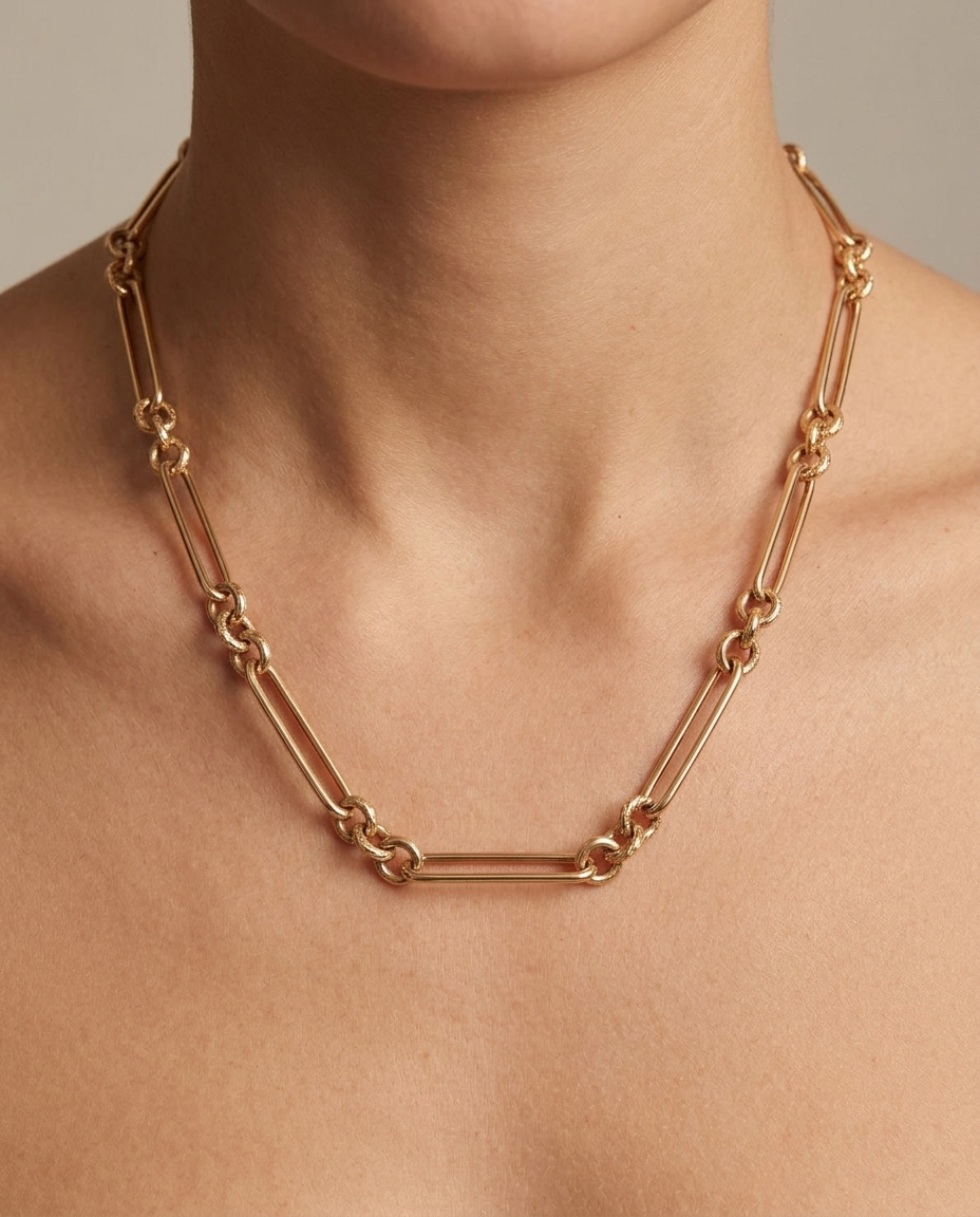 14KT Gold Paperclip Necklace on model