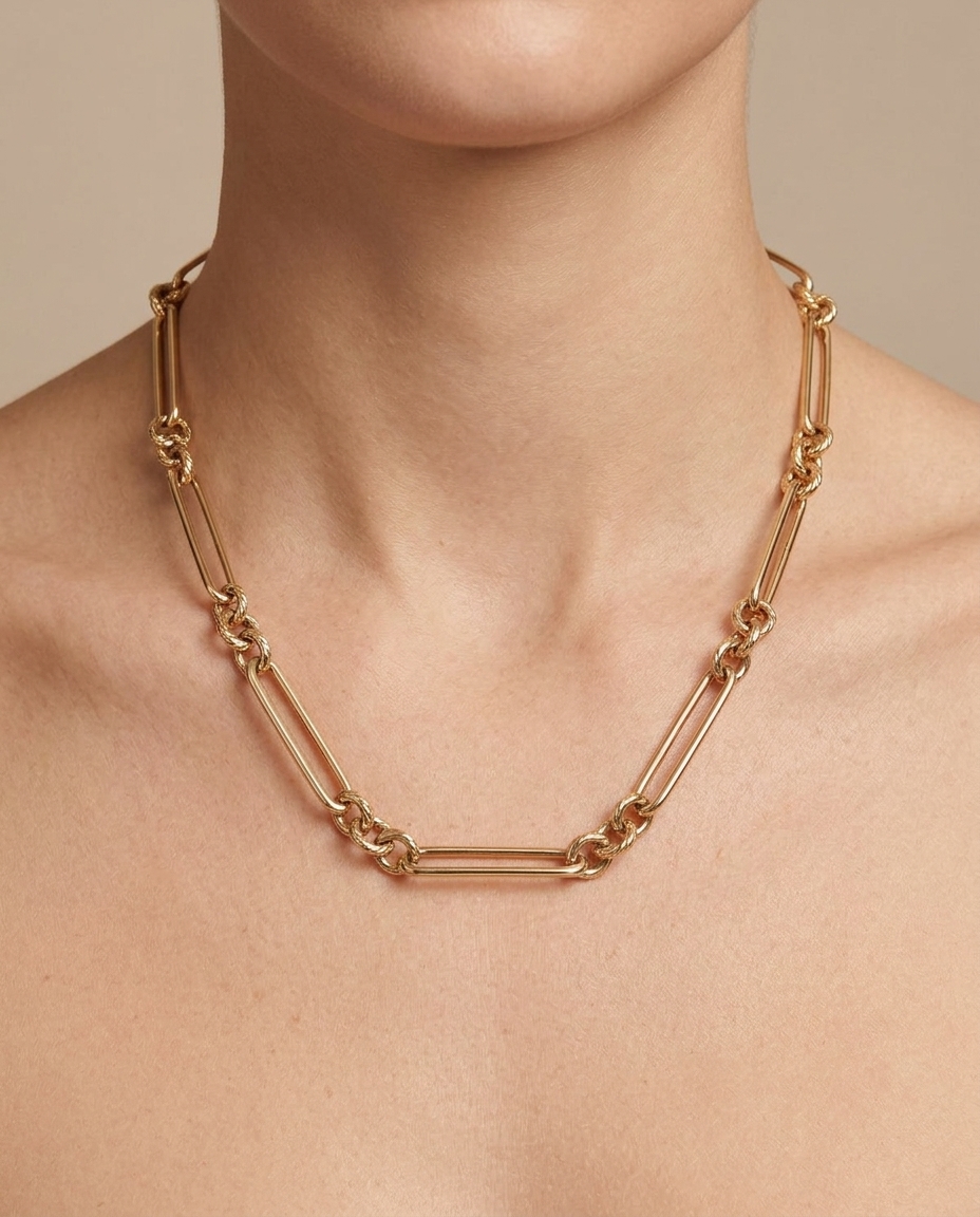 14KT Gold Paperclip Necklace on model