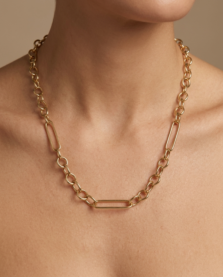 14KT Gold Paperclip Chain on model