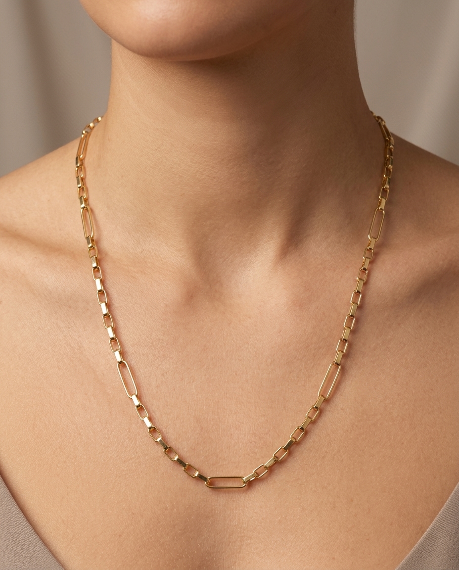 14KT Gold Box Chain Necklace on model