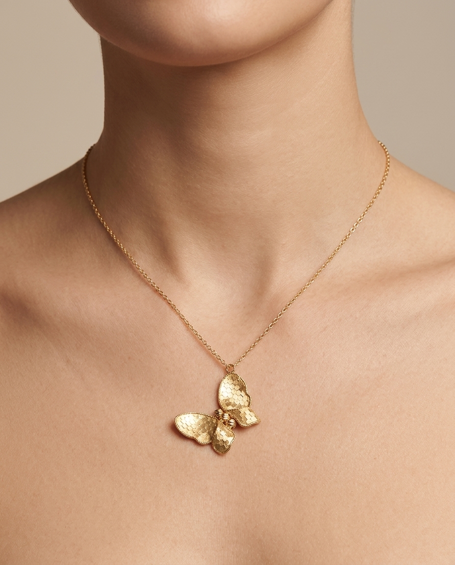 Yellow Gold Butterfly Necklace on model