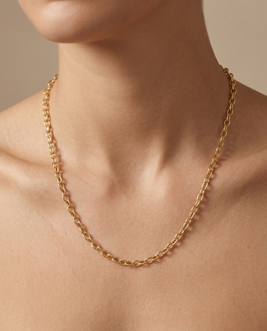 14KT Gold Oval Link Chain Necklace on model