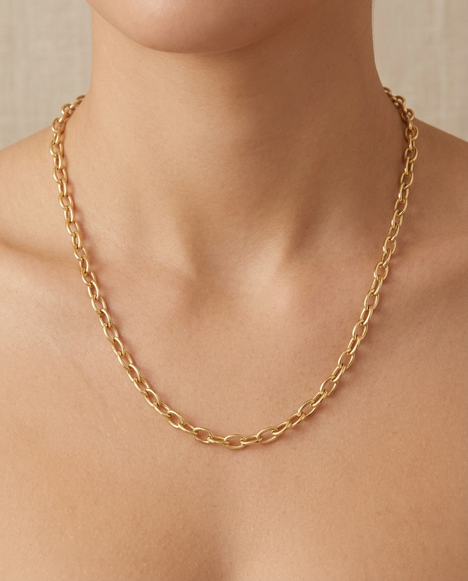 14KT Gold Oval Link Chain Necklace on model
