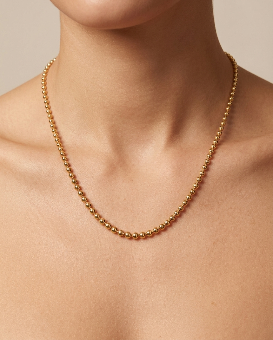 14KT Yellow Gold 1 MM Ball Necklace 18" on model