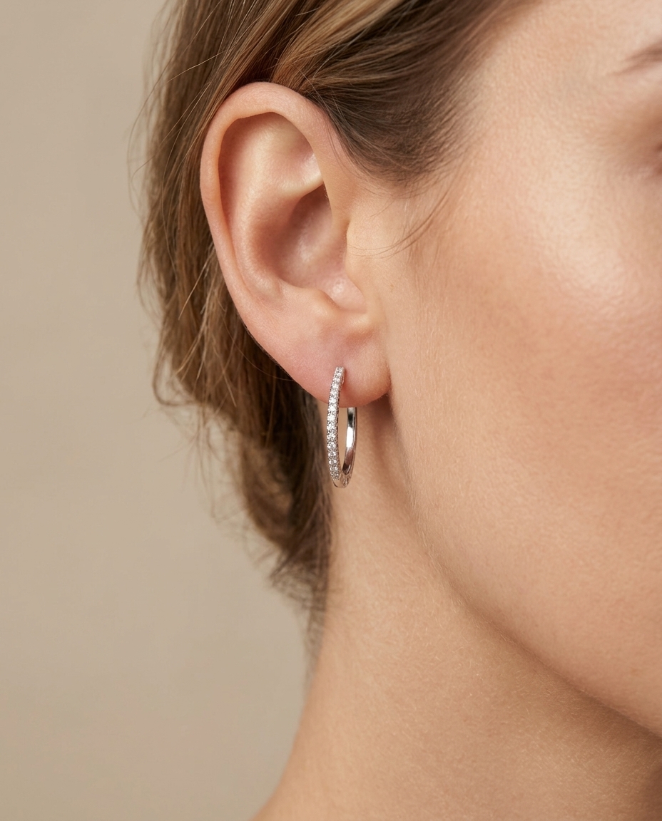 18KT White Gold Diamond Hoop Earring on model