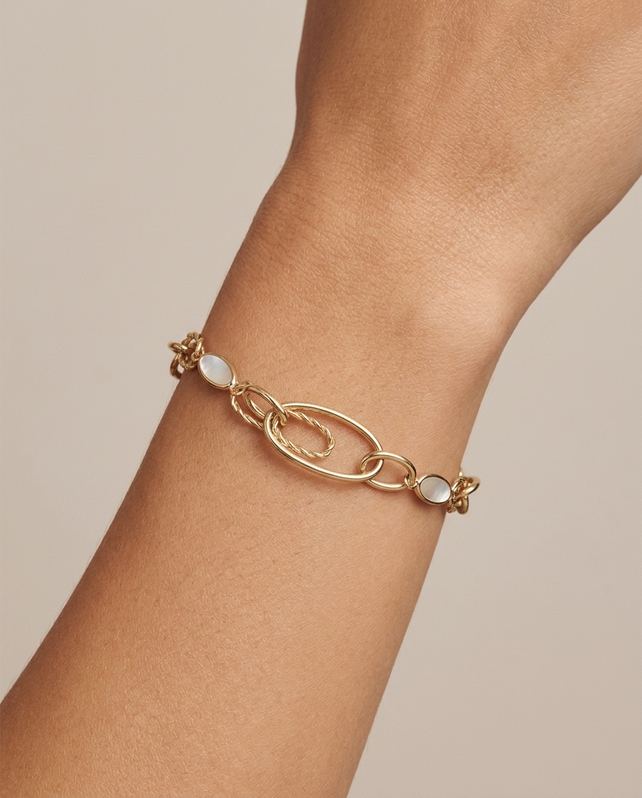 14KT Gold Mother of Pearl Bracelet 7" on model