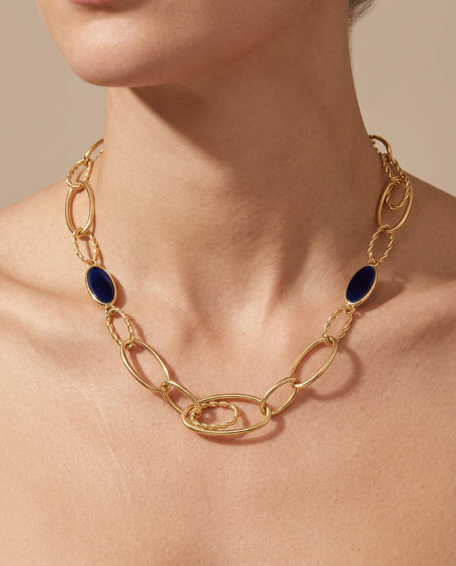 14KT Yellow Gold Link Necklace with Black Onyx on model