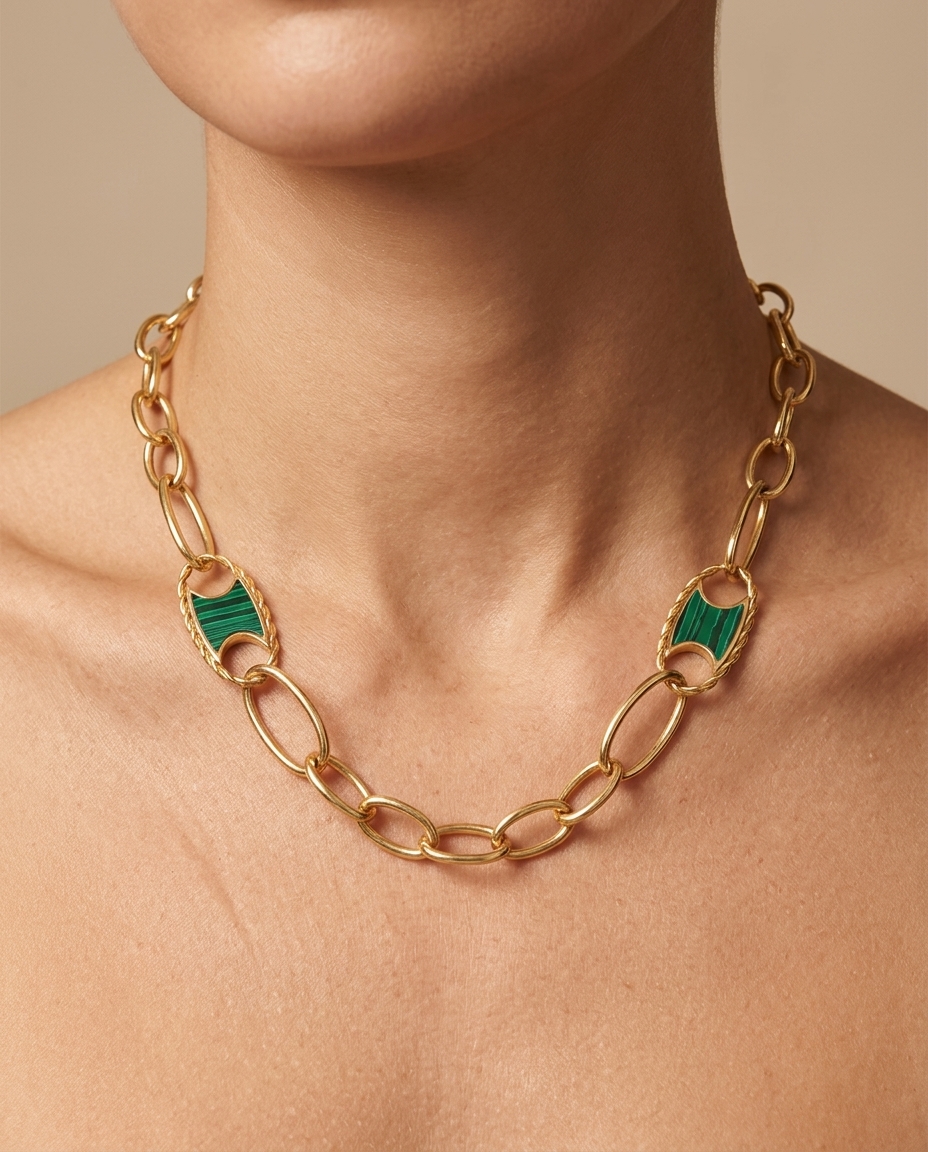 14KT Yellow Gold Link Necklace with Malachite on model