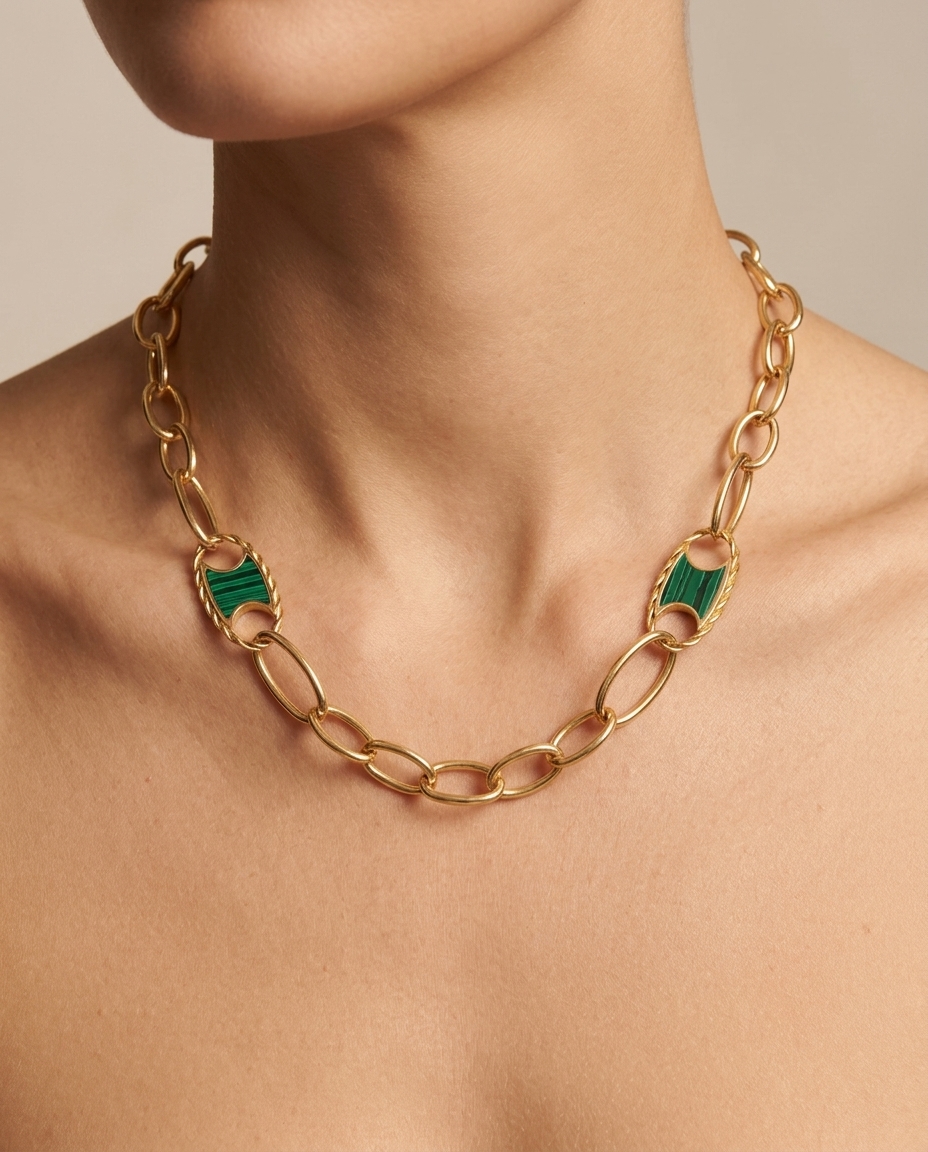 14KT Yellow Gold Link Necklace with Malachite on model