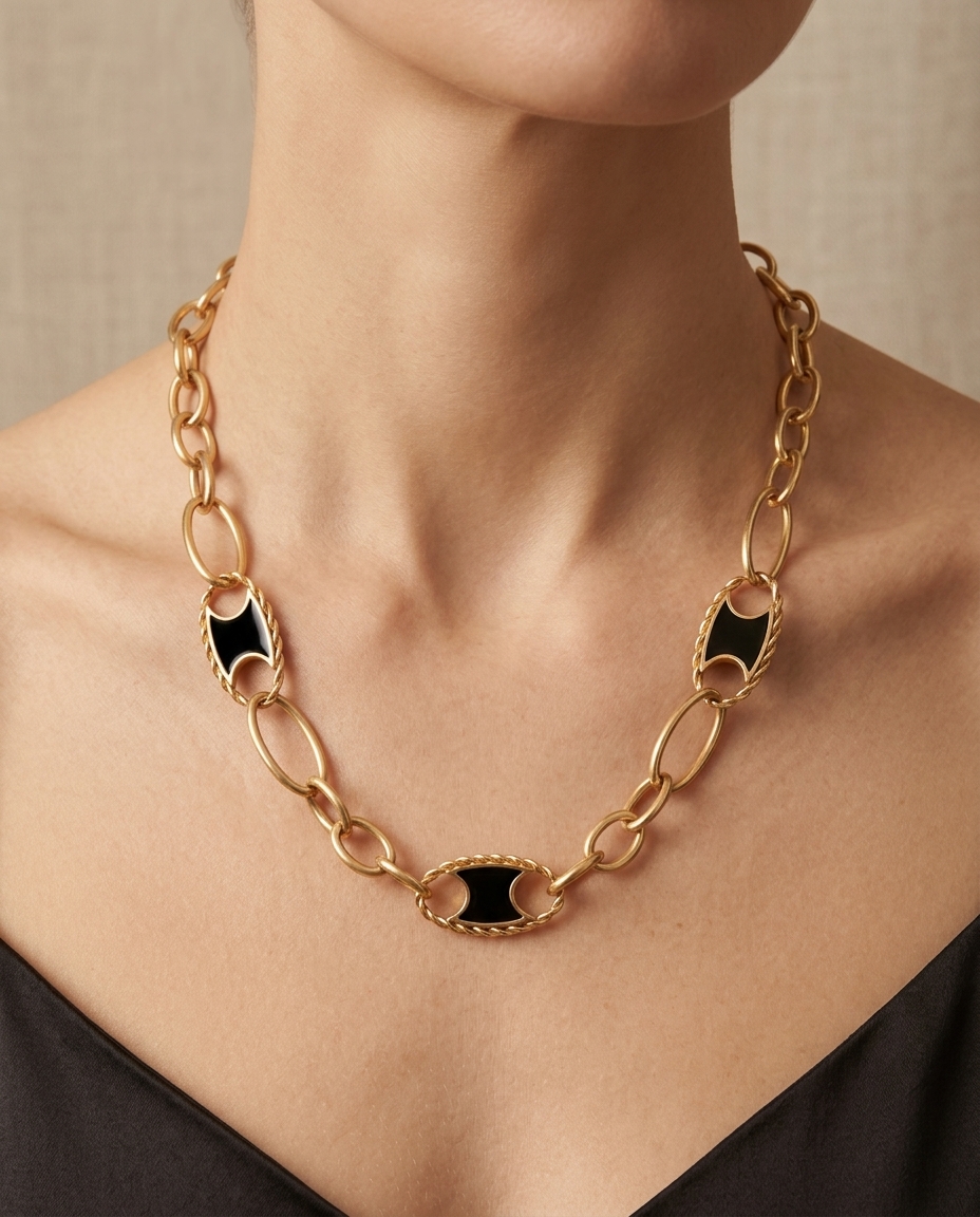 14KT Yellow Gold Link Necklace with Black Onyx on model