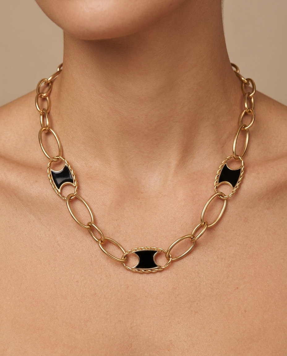 14KT Yellow Gold Link Necklace with Black Onyx on model