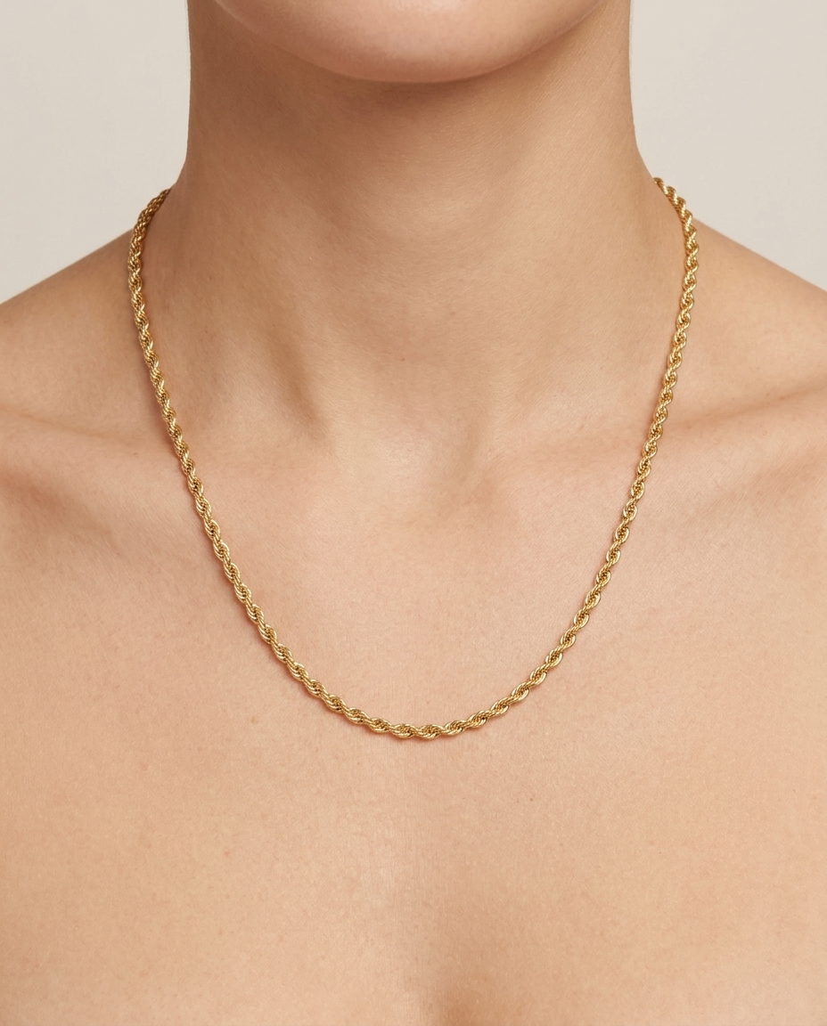 14KT Gold Rope Chain Necklace on model