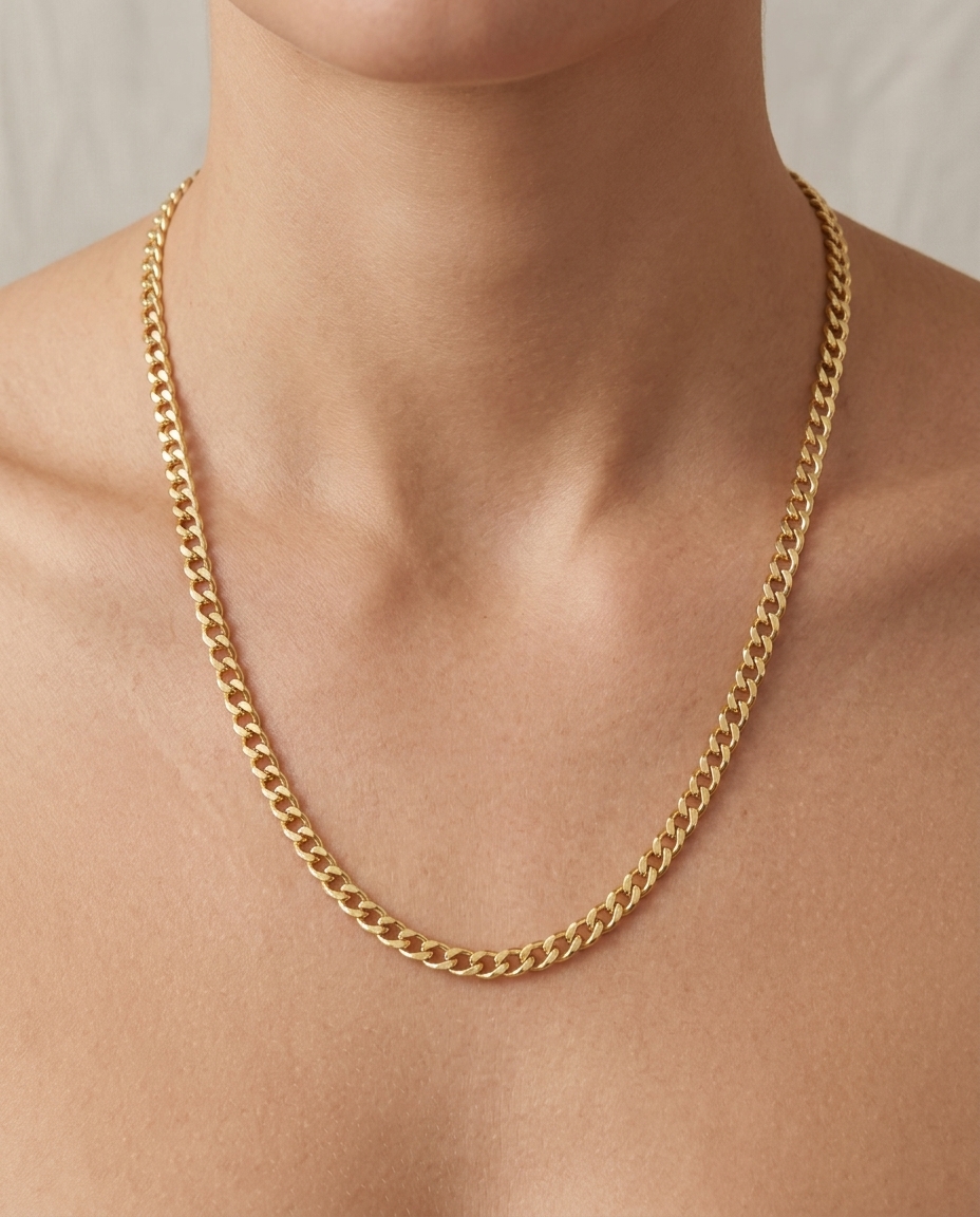 14KT Gold Flat Cuban Necklace on model