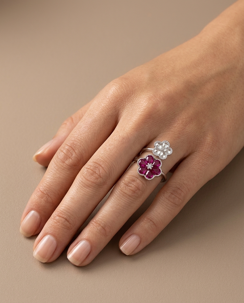 18KT White Gold Ruby and Diamond Ring on model