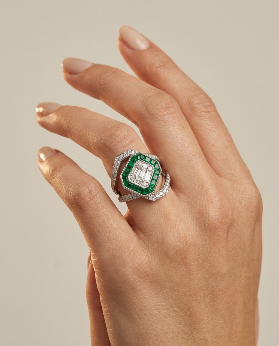 18KT White Gold Emerald and Diamond Ring on model