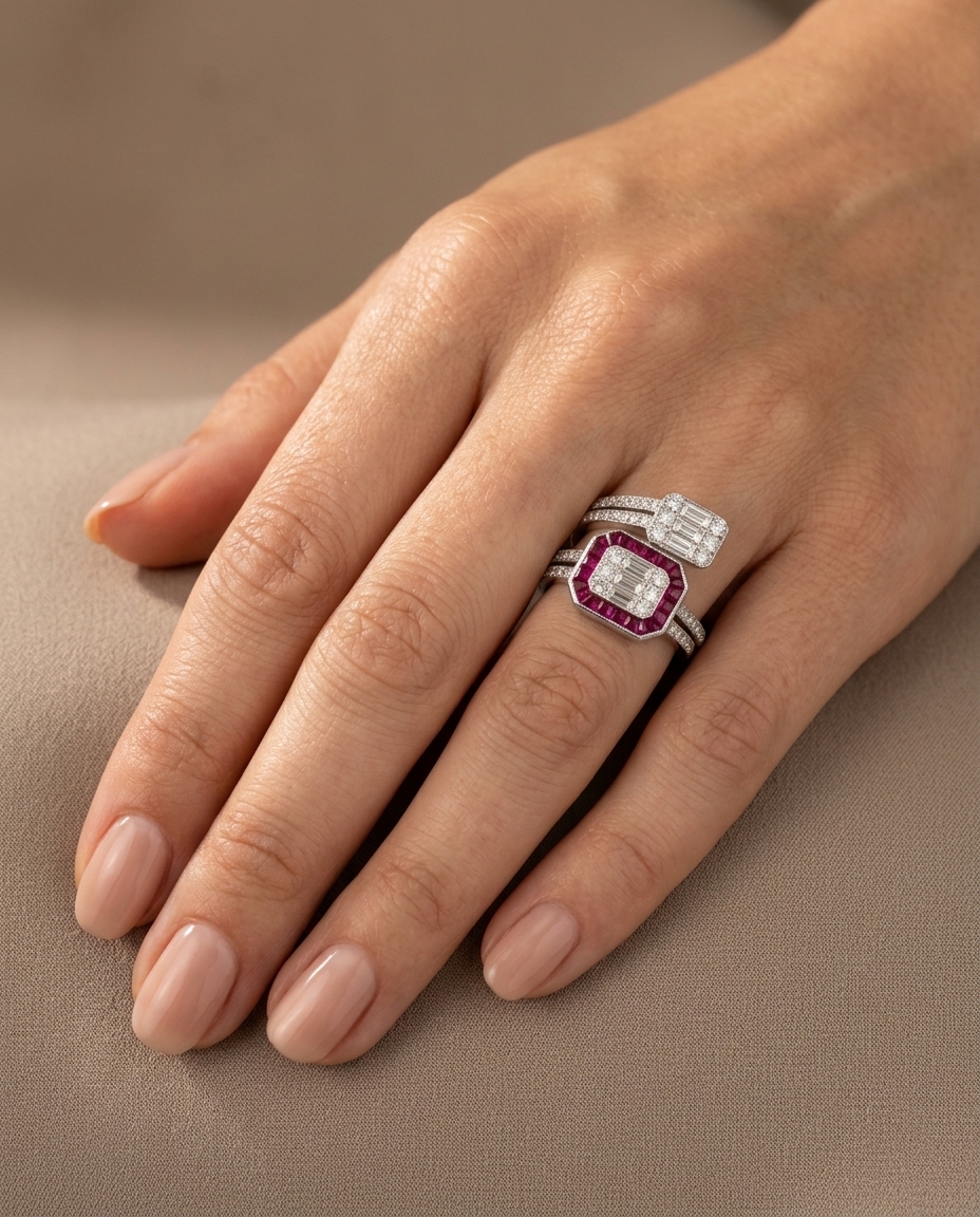 18KT White Gold Ruby and Diamond Ring on model