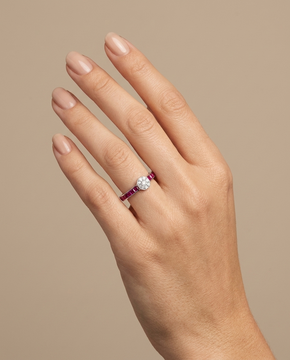 18KT White Gold Ruby and Diamond Ring on model