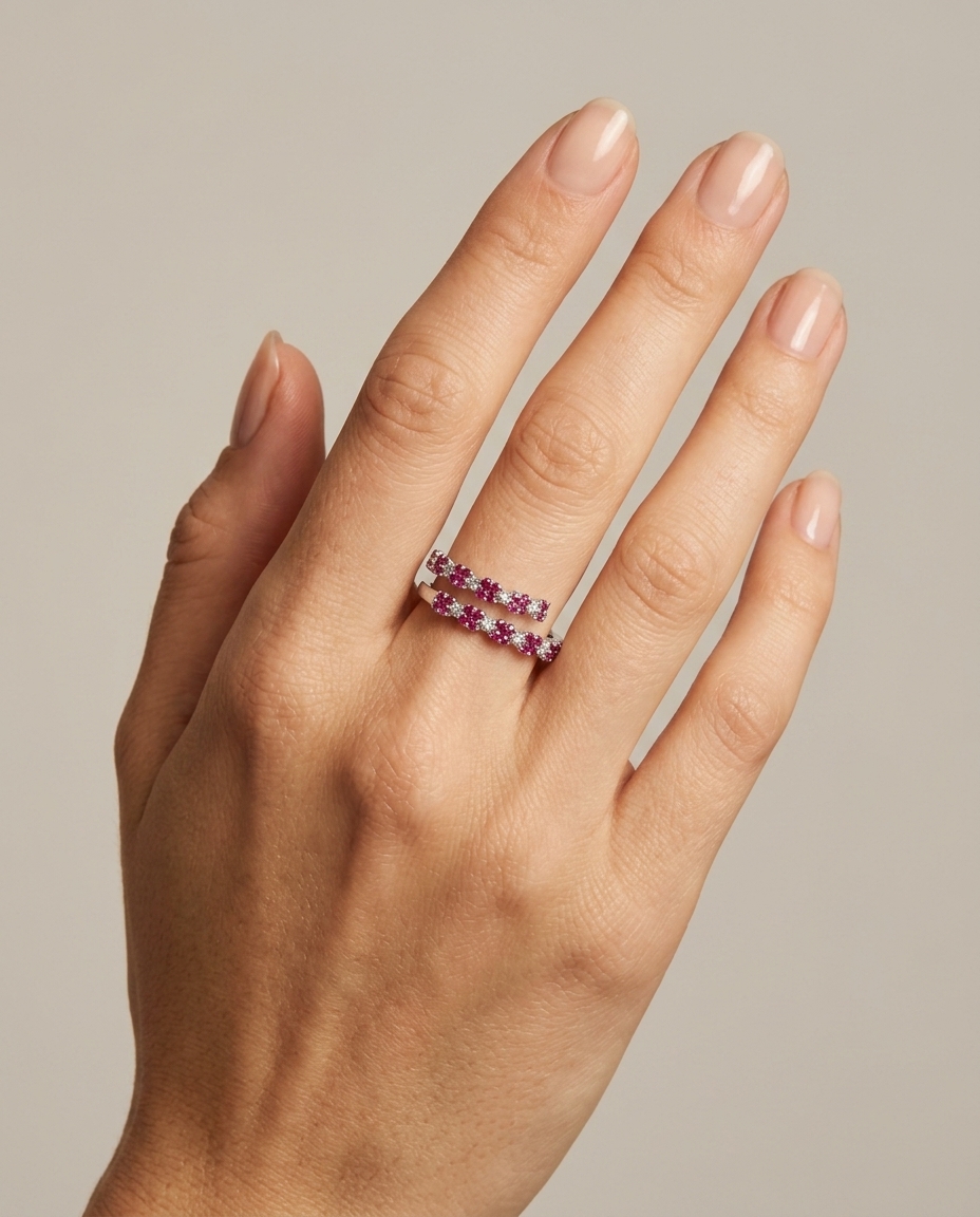 18KT White Gold Ruby and Diamond Ring on model